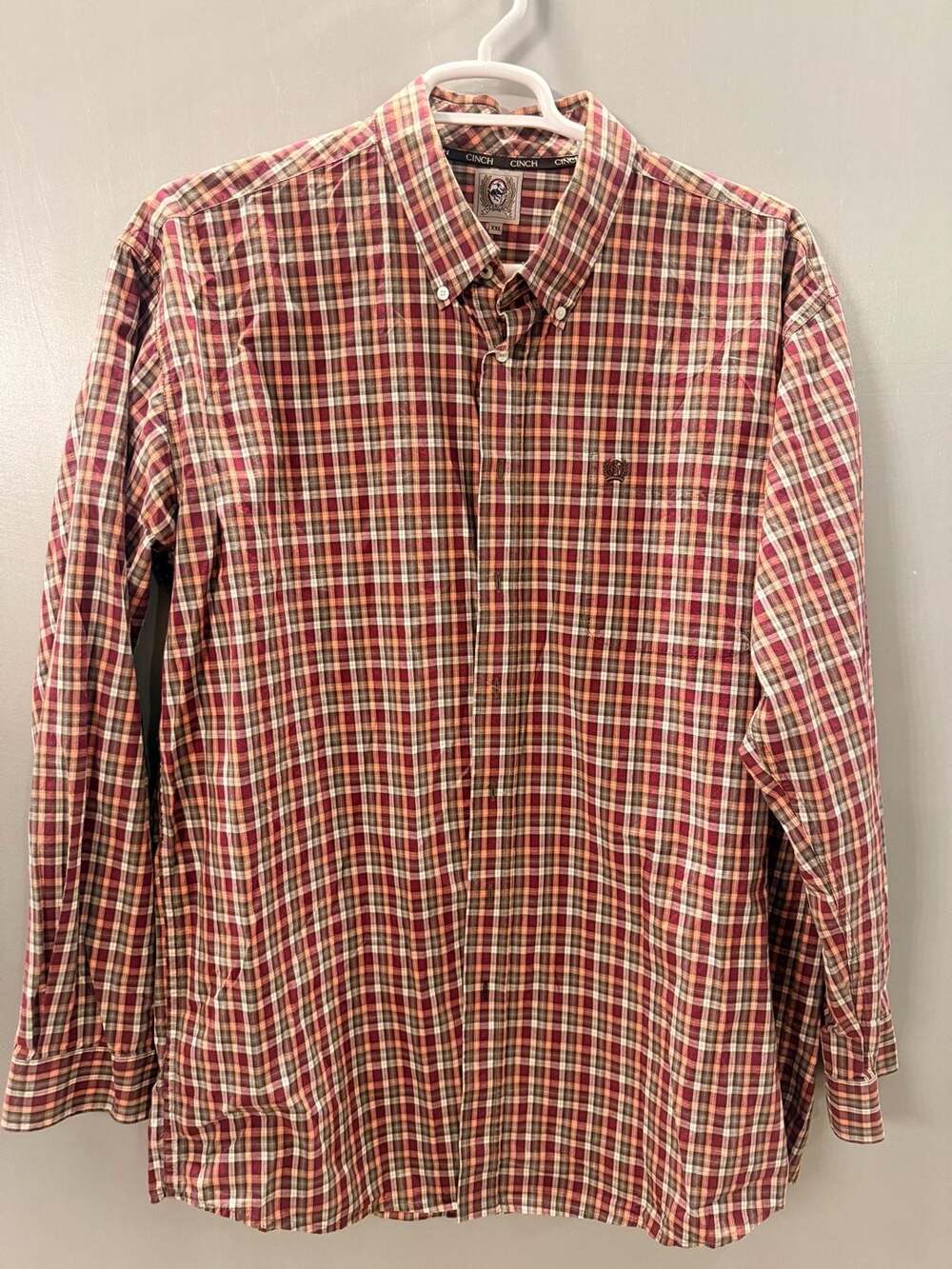 Cinch Mens XXL Plaid Western Shirt Burgundy Orange 100% Cotton Button Down